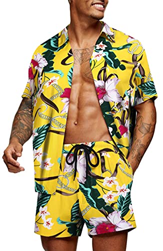 COOFANDY Camisa Hawaiana Floral Funky para Hombre, Camisa con Estampado Floral para Vacaciones en la Playa, Flor Amarilla, S