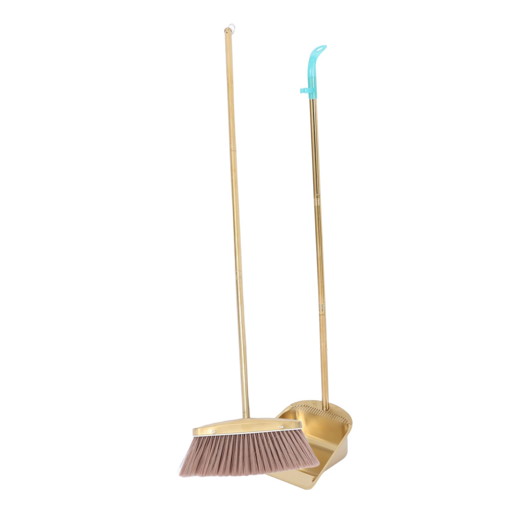 SHINEOFI Schwerer Besen mit Langem Griff und Goldfarbenem Edelstahl Inklusive Kehrschaufel mit Kammzähnen Praktisches Reinigungsset für Haushalt und Garten