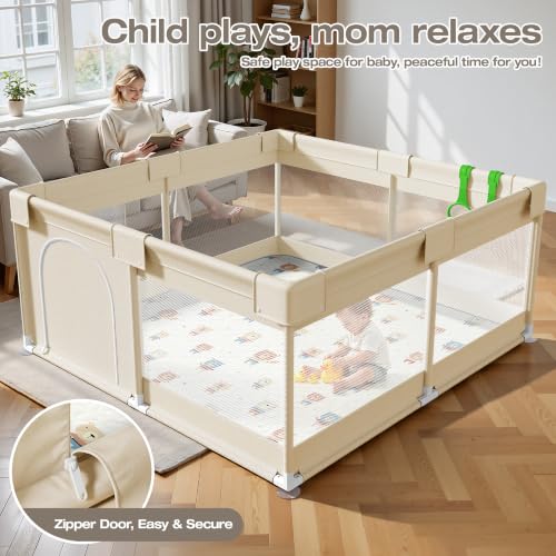 Image of ZEEBABA Baby Playpen with Mat, 47x47in Beige for Babies & Toddlers