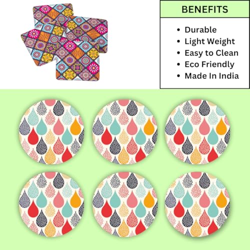 Image of Zesta Coasters for Cups Set of 6 / Wooden Coasters for Bar Accessories for Home /Tea Coaster Set of 6 / Waterproof Dining Table Decor Glass Cover (Water Drop, Circle)