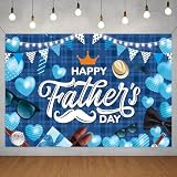 Father's Day Backdrop, Happy Fathers Day Decorations Blue Plaid Dad Party Banner Background with Crown Mustache Glasses Tie Hat for Fathers Day Photo Booth, 71 x 43 Inch