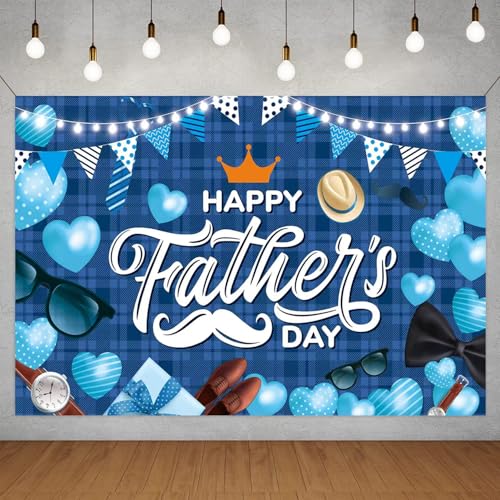 Father's Day Backdrop, Happy Fathers Day Decorations Blue Plaid Dad Party Banner Background with Crown Mustache Glasses Tie Hat for Fathers Day Photo Booth, 71 x 43 Inch