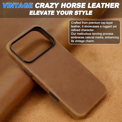 Image of SHIELDON Genuine Leather Case for iPhone 17 Pro Max 6.9 inch, Crazy Horse Brown | Crazy Horse Leather, for MagSafe, Magnetic Wireless Charging, Metal Buttons, Camera Button, Camera Bezel, Shockproof, Slim