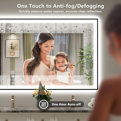 Image of 40x36 Inch LED Bathroom Mirror with Lights (Front Lit and Backlit) Black Framed Lighted Vanity Mirror for Bathroom Wall Dimmable Anti-Fog Memory Tempered Glass Horizontal /Vertical