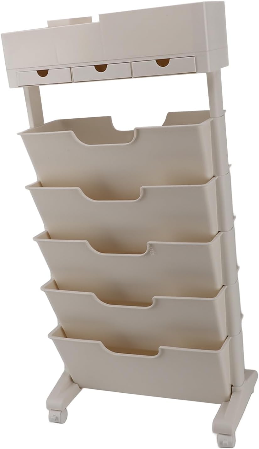 Mobile Bookshelf with Lockable Wheels, 3 - Drawer Rolling Storage Cart in Beige - Compact & Multifunctional Organizer for Bedroom, Classroom, Office