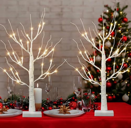 MOSII Set of 2 Twig Tree with Lights 60cm/2FT, Battery Operated Small White Christmas Tree 24 Warm White LEDs, Birch Tree For Tabletop Decoration, Christmas Decorations Indoor, Xmas Table Centrepiece