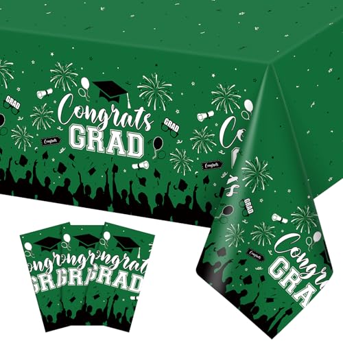 Image of NatNarr 3 Pack Plastic Graduation Tablecloth, Graduation Decorations 2026 Disposable Rectangle Green Black Table Cover, 2026 Gongrats Grad Table Cloths for Graduation Party Decorations, 54x108Inch