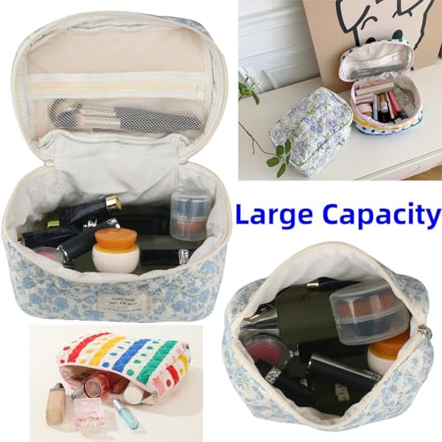 Makeup Bag Travel Essentials Quilted Cosmetic Toiletry Pouch Organizer Insert for Women Dorm Room Essential Gift Large Capacity Opening Lightweight Cute Aesthetic Portable 2PCS (Colorful Dots)4