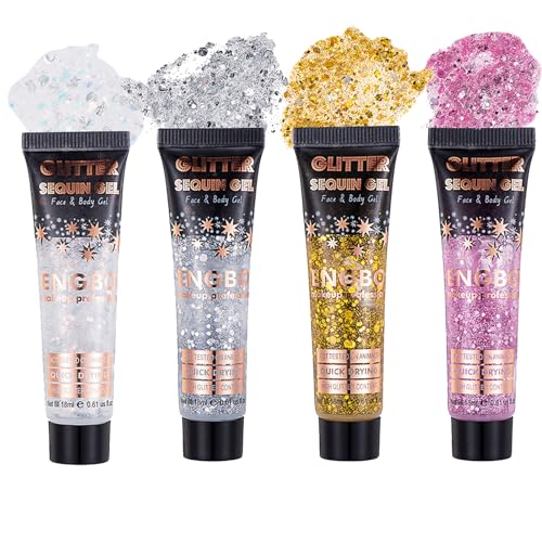 Body Glitter Gel, MKNZOME 4 Farben Festival Glitzer Gesicht Körperglitzer Glitzer Flüssiger Lidschatten für Gesicht Haare Lippen Nägel Make Up Halloween Festival Zubehör