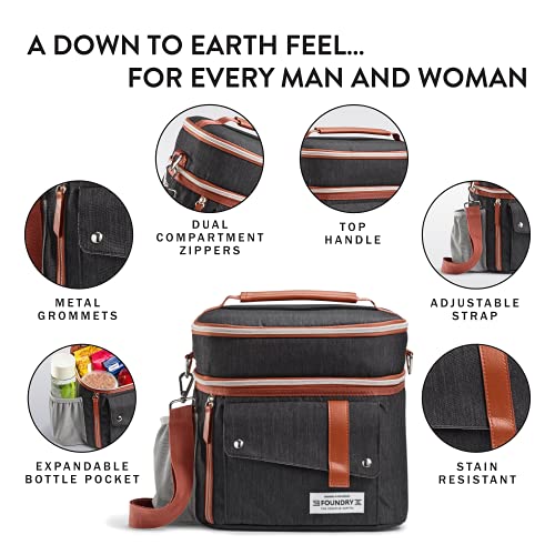 Foundry By Fit + Fresh, Wickenden Dual-Compartment Insulated Lunch Bag For Men & Women, Includes Four Meal Prep Containers, Adult Lunch Box & Insulated Cooler, Perfect For Work, Beach & More, Black #TOP1