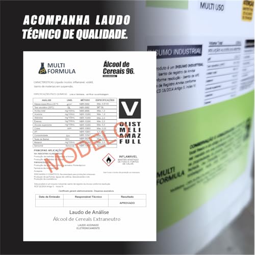 Álcool de Cereais 96% para Bebidas, Panificação e Perfumes, 5 Litros