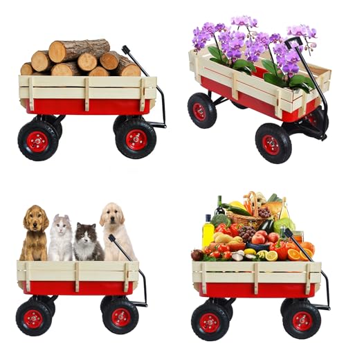 VISRACK All-Terrain Handcart with Removable Wooden Side Panels, Kids Wagon, Heavy-Duty Steel Cart, Foldable Pet Stroller, Ideal Gift for Halloween and Christmas, Red