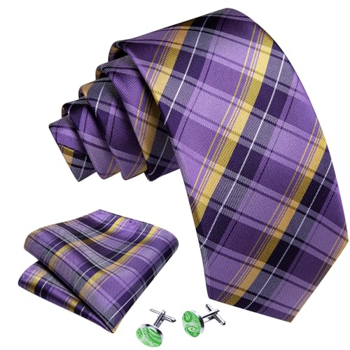 Image of YOHOWA Men Plaid /Striped Ties Set Silk Business Wedding Formal Fashion Necktie and Pocket Square Cufflinks Set