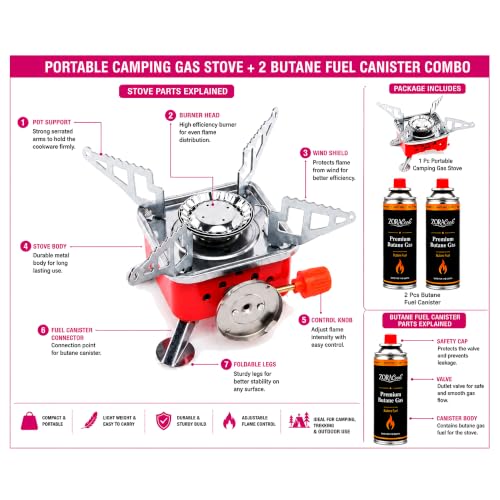Image of Butane Fuel Camping Stove with Foldable Burner, 225g, for Outdoor Cooking (stove + 3 butane gas)