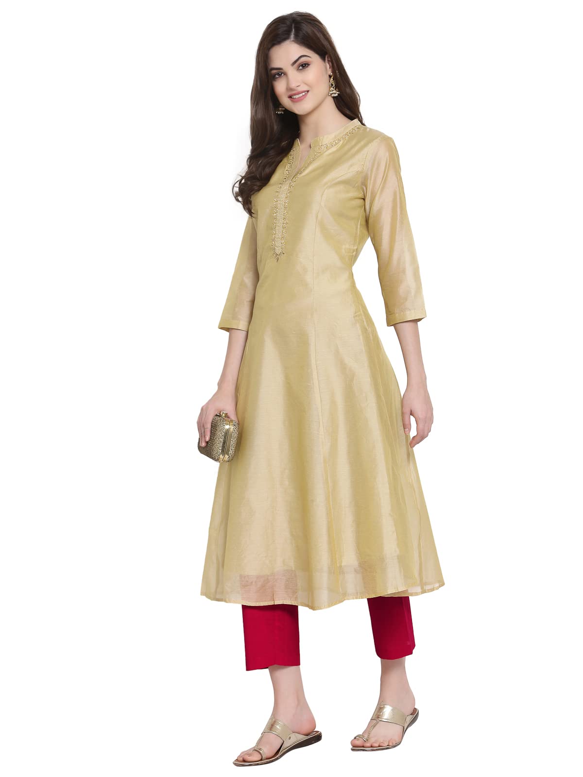 RangavaliIndian Chanderi Silk Beige Golden Anarkali Kurta for Women | 3/4 Sleeves, Round Neck, Ankle Length | Single Kurta
