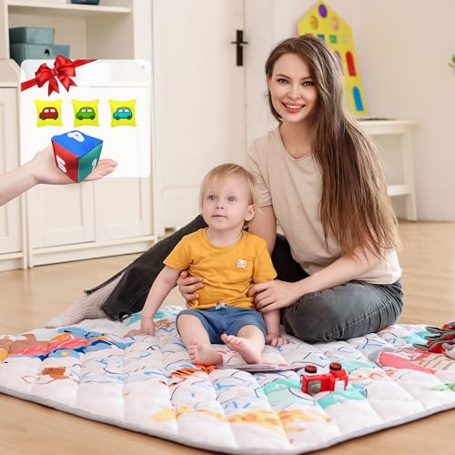 Image of Baby Play Mat for Floor, 50x50 Play Mats with Parent-Baby Interaction Game Accessories for Playpen, Soft Cushiony Tummy Time Mat, Machine Washable Playmat for Infants, Babies, Toddlers