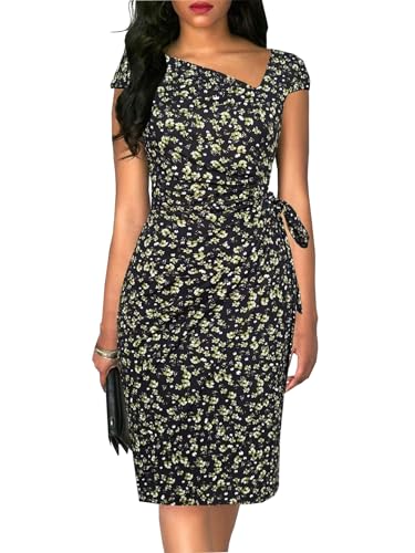 Image of Women's Vintage Cap Sleeves Asymmetrical Neckline Sheath Bodycon Casual Work Cocktail Party Pencil Faux Wrap Dresses