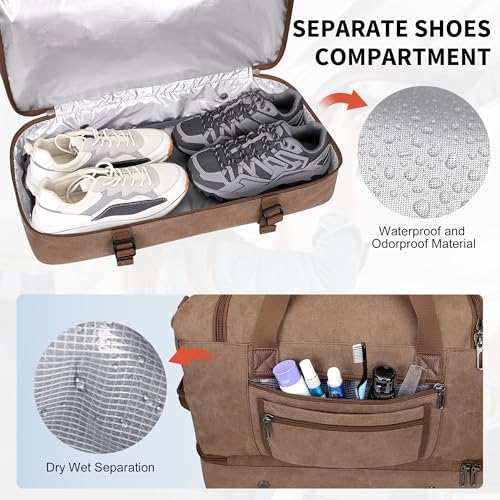 WITZMAN Duffle Bag for Men 50L Canvas Weekender Overnight Bag with Toiletry Bag Sets Travel Duffel Bag Shoes Compartment（A8010-2 Brown）4