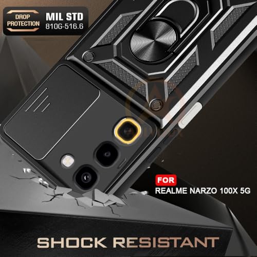 Image of Armor Bumper Back Cover Case for Realme Narzo 100X 5G Rotating Camera Cover, Ring Holder & Kickstand | Heavy Duty & 360 Degree Protection Back Cover for Realme Narzo 100X 5G (Black)