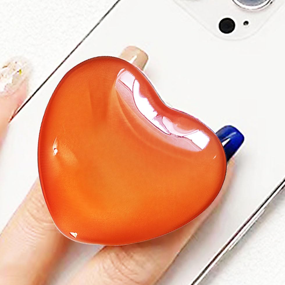 Cute Orange Heart Phone Grip - Large 3D Collapsible Crystal Phone Holder & Stand for Kindle iPhone 17 16 15 14 13 Pro Max iPad Tablet | Phone Charms & Accessories Gift for Women
