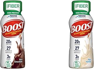 BOOST High Protein with Fiber Complete Nutritional Drink, 8 fl oz Bottles, 24 Rich Chocolate + 24 Very Vanilla (Pack of 48)