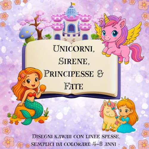 Unicorni, Sirene, Principesse & Fate: Disegni kawaii con linee spesse, semplici da colorare 4-8 anni