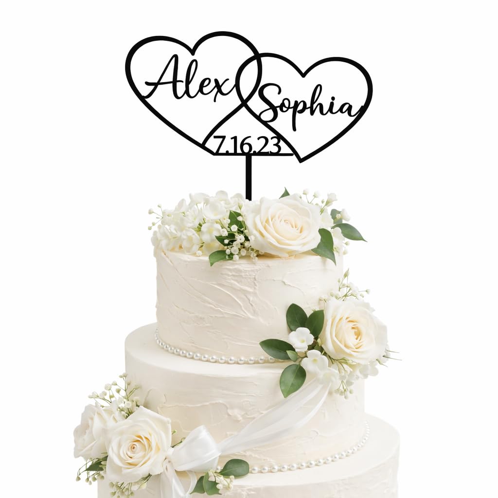 ZMR SHOP CRAFT Personalised Double Heart Wedding Cake Topper, 3mm Thickness MultiColored Acrylic Topper With Custom Names and Date, Part Decoration (Black)