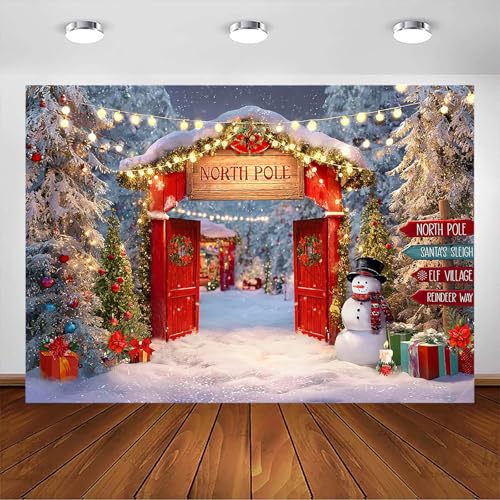 Toile de fond de Noël forêt enneigée et porte de grange en bois pour photo