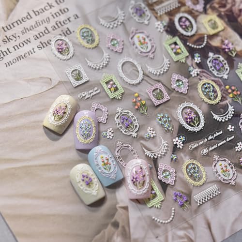 Image of 5D Embossed Vintage Floral Frame Nail Stickers with Lace Accents Self-Adhesive Nail Art Decals for Women Manicure Decorations