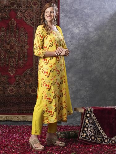 Image of GoSriKi Women's Cotton Blend Printed Straight Kurta and Pant with Dupatta Set