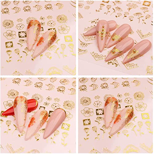 Flowers Nail Art Stickers Decal 3D Self-Adhesive Gold Flower Leaf Lace Nail Supplies Flower Nail Stickers Geometry Line Nail Designs for Women Girls Nail Art Decorations(Gold) - Image 5