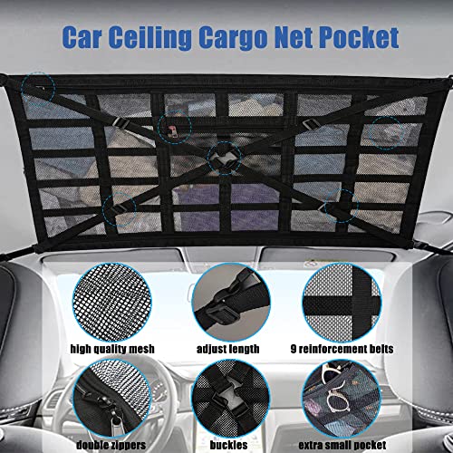 Car Ceiling Cargo Net Pocket, Adjustable Cross Strap Strengthen Load Car Ceiling Storage Net, Double Layer Mesh Car Organizer With Zipper, 31.5*21.6" Car Interior Accessories For Camping Traveling #TOP2