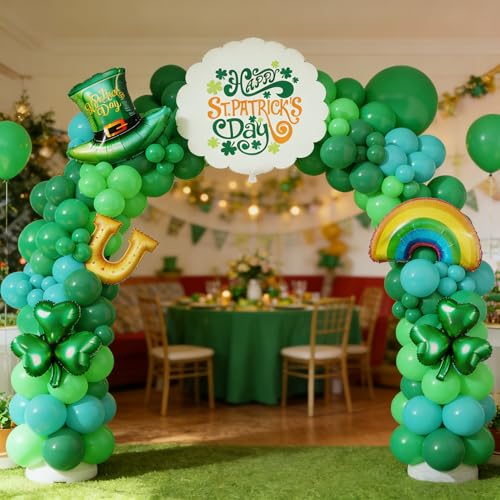 Image of 160Pcs St Patricks Day Green Balloons Arch Garland Kit with Lucky Shamrock Clover /Hat /Rainbow /Horseshoe Jumbo foil balloons for Saint Patrick's Day Irish Festival Party Decorations