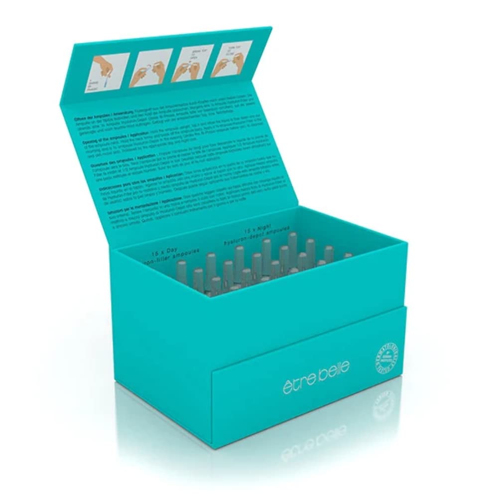Caja de ampollas de ácido hialurónico de 24 horas; Costre belle Cosmetics; tratamiento de ampollas para una piel húmeda y lisa con el golpe de ácido hialurónico.
