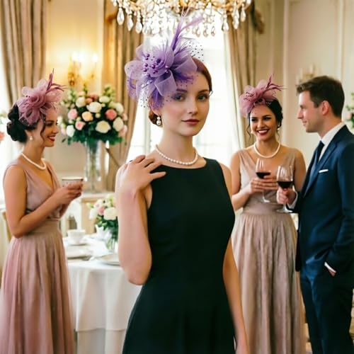 Image of DRESHOW Fascinators Hat Flower Mesh Ribbons Feathers on a Headband and a Clip Tea Party Headwear for Girls and Women
