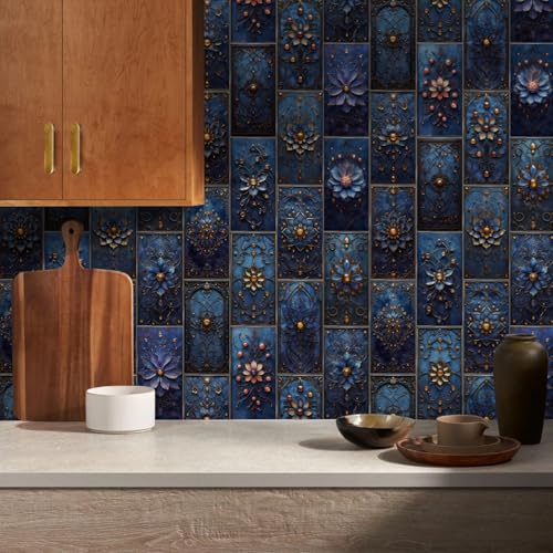 Azulejos Adhesivos Cocina Mandala Azul Real Vinilo Adhesivo Pared Pvc Azulejos Adhesivos Baño Impermeable Revestimiento Pared Pvc Duradero Vinilo Cocina Baldosas Adhesivas Pared 10.16x20.32cm/16 pcs
