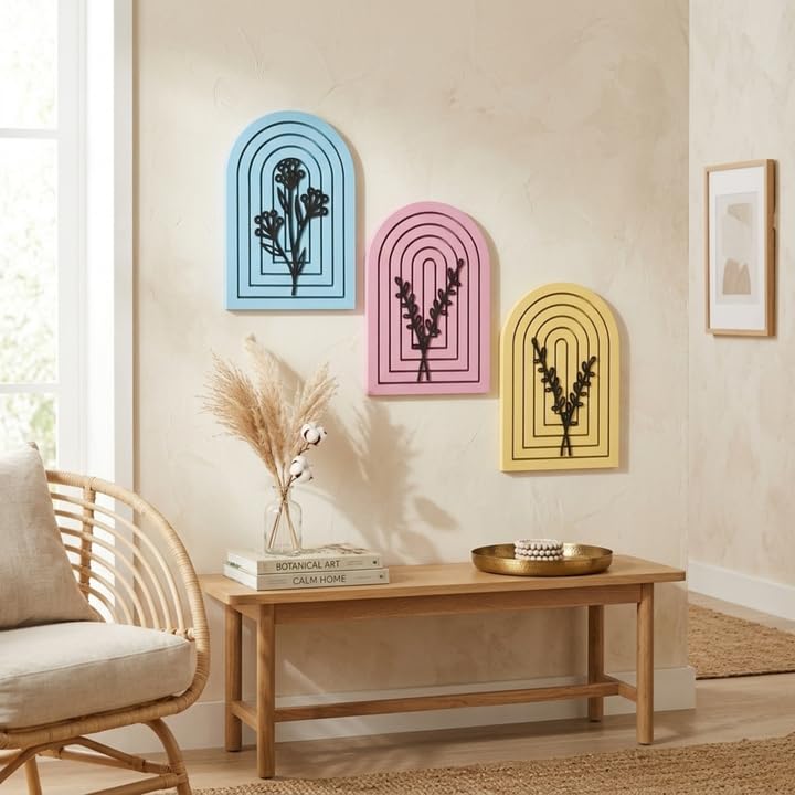 Image of eCraftIndia Pack of 3 Floral Wall Art with Blue Pink Yellow Wood Base Flower Cutouts Boho Decor