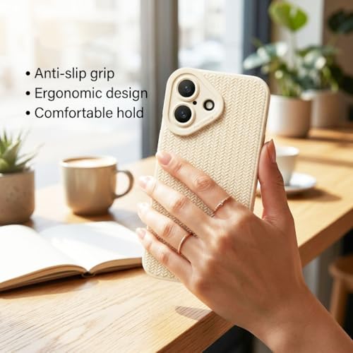 Image of amazon basics Luxury 3D Knitted Texture Soft Silicone Back Cover for iPhone 17 | Slim Fit Shockproof Case with Camera Protection & Non-Slip Grip - Cream