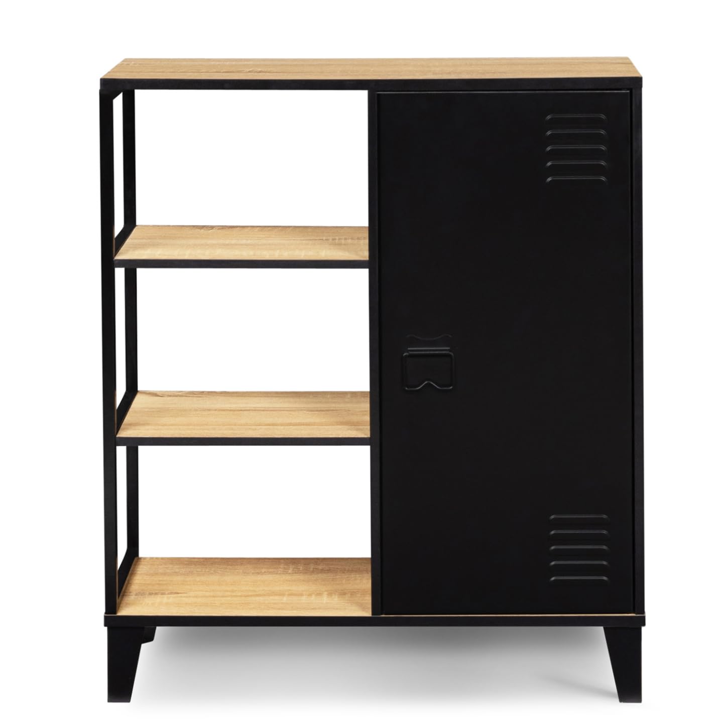 IDMarket - Aparador con 3 estantes y armario de metal negro y tapa de madera de 70 cm, diseño industrial
