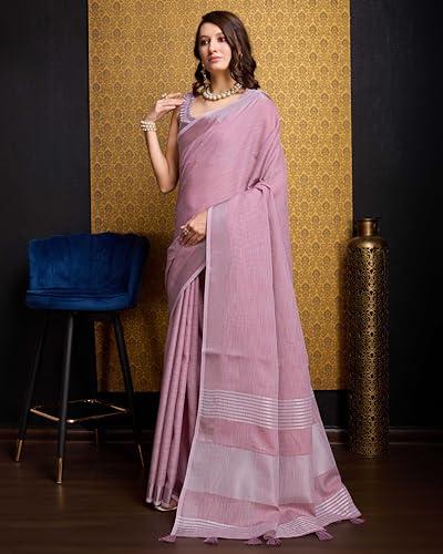 Image of SWORNOF Women's Linen Cotton Silk Saree with Unstitched Blouse Piece | Saree for Women | Saree with Blouse Piece | Soft and Skin Friendly
