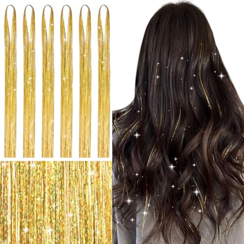 WENNALIFE Hair Tinsel for Girls, Champagne Fairy Kit 1200 Strands 6PCS 48 Inch Heat Resistant Glitter Tinsel Hair Extensions Kit Christmas Feathers Sparkle Strands