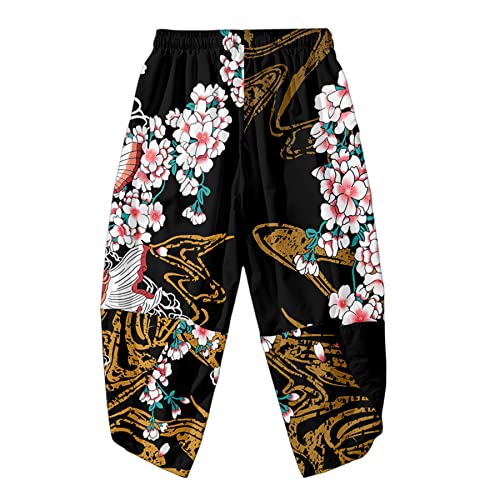 Image of DOSLAVIDA Men's Japanese Kimono Cardigan Suit Chinese Style Printed Jacket Pants Set Open Front Seven Sleeve Top & Shorts