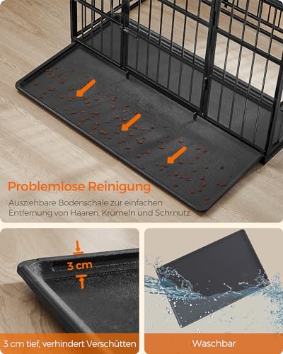 Feandrea Hundekäfig hochbelastbar, Hundebox, 107 x 70 x 75 cm, für mittelgroße und große Hunde, mit herausnehmbarer Bodenschale, Doppeltüren, leicht zu reinigen, Haustierkäfig, tintenschwarz PPD005B01