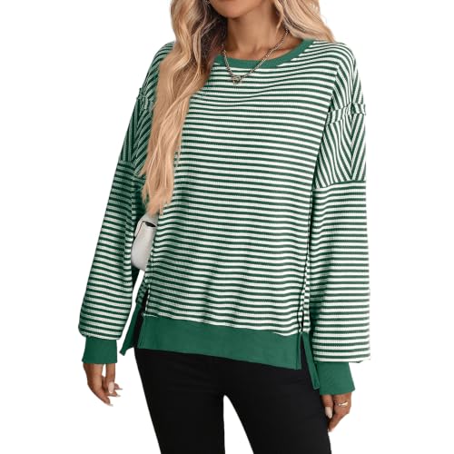 Womens Striped Long Sleeve Shirt Waffle Knit Crewneck Oversized Sweatshirt - image 2