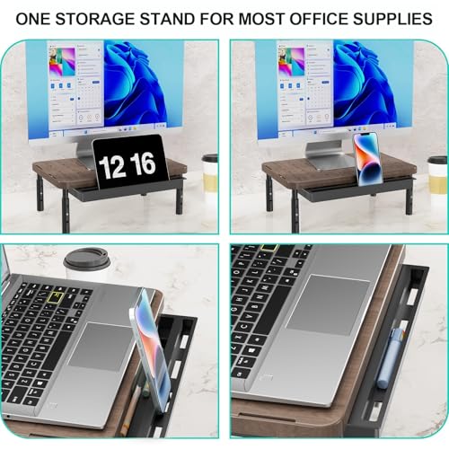 Image of WALI Plastic Computer Monitor Stand with Storage, Desk Monitor Riser 3 Height Adjustable, Laptop Riser with Airflow Vents, Desk Organizer for Computer, Laptop, Printer (PTT002-C), 1 Pack, Brown