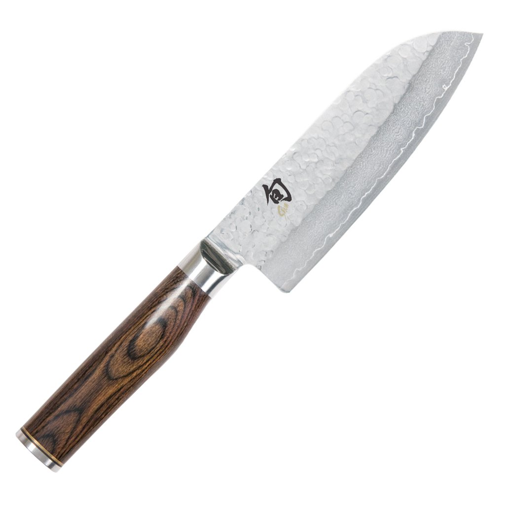 KAI Shun Premier Tim Mälzer Santoku 14 cm longitud de la hoja - Núcleo VG-MAX 61 (±1) HRC, 32 capas de Damasco pulido - Madera de Pakka veteada de color marrón medio - Superficie martillada