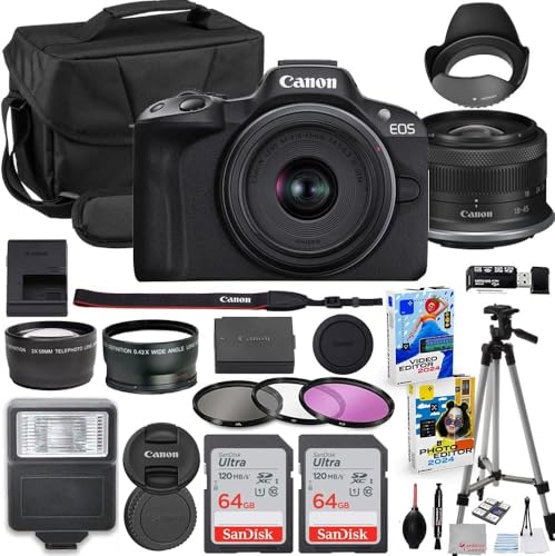 Canon EOS R50 Mirrorless Camera with 18-45mm Lens Bundle + 2X 64GB Memory Cards + Accessory Kit Including Shoulder Bag, Flash, Remote, Aux Lenses, Software & More