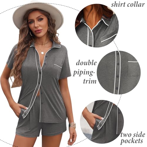Image of Ekouaer Womens Pajama Sets Button Down Lounge Set 2 Piece Loungewear Soft Sleepwear Short Sleeve Pjs with Pockets