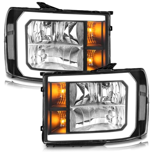 WEELMOTO DRL Headlights Assembly for 2007-2013 GMC Sierra 1500 Headlight Compatible with 2007 2008 2009 2010 2011 2012 2013 Sierra Replacement Black Housing Clear Reflector with DRL