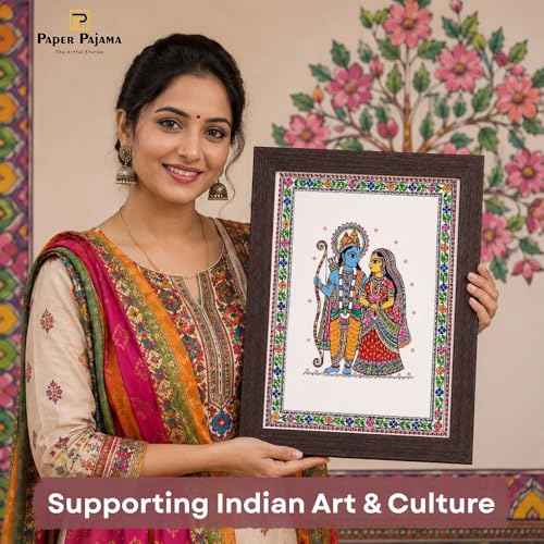 Image of PAPER PAJAMA Sita Ram Wall Art for Living Room | Madhubani Painting of Lord Rama & Goddess Sita | Traditional Indian Folk Art Framed Decor for Home, Office & Pooja Room (10x13 Inches)